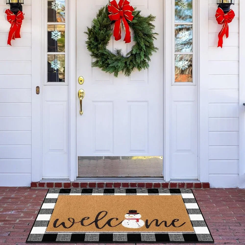 Elegant 2-Piece Doormat Set: Snowman and Buffalo Plaid - Indoor/Outdoor Charm